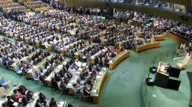 New York, ABD - 20th Eylül 2016: 71 oturumu New York'ta Birleşmiş Milletler Genel Kurulu, konferans salonu genel bakış. BM Genel Sekreteri Ban Ki-moon bir konuşma verir.