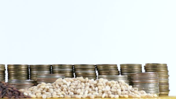 Bandera de Trinidad y Tobago ondeando con un montón de monedas de dinero y montones de semillas de trigo y arroz — Vídeos de Stock