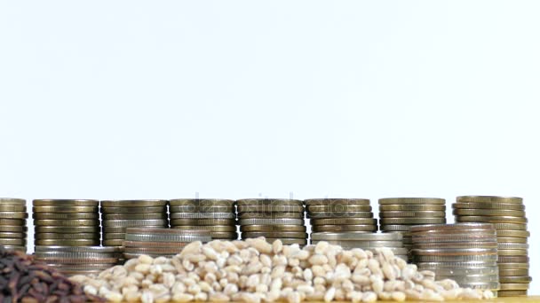 Drapeau de l'Uruguay agitant avec pile de pièces de monnaie et piles de blé et de graines de riz — Video