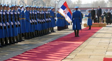 Belgrad, Sırbistan. 31 Ocak - Yunanistan Başbakanı Alexis Tsipras resmi olarak Belgrad'a ziyaret edin. Sırp Başbakanı Aleksandar Vuciç Yunan Başbakanı barındıran
