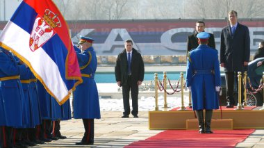 Belgrad, Sırbistan. 31 Ocak - Yunanistan Başbakanı Alexis Tsipras resmi olarak Belgrad'a ziyaret edin. Sırp Başbakanı Aleksandar Vuciç Yunan Başbakanı barındıran