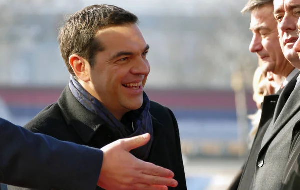 Belgradiin, Serbiaan. 31. tammikuuta - Kreikan pääministeri Alexis Tsipras vieraili Belgradissa. Serbian pääministeri Aleksandar Vucic isännöi Kreikan pääministerin — kuvapankkivalokuva