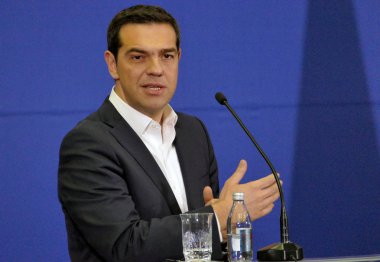 Belgrad, Sırbistan. 31 Ocak - Yunanistan Başbakanı Alexis Tsipras ve Sırp Başbakanı Aleksandar Vuciç tutan ortak bir basın toplantısı