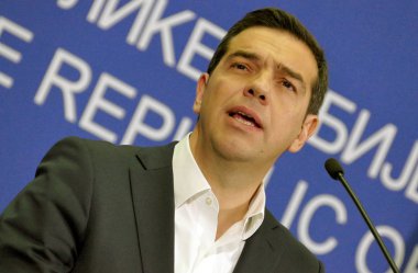 Belgrad, Sırbistan. 31 Ocak - Yunanistan Başbakanı Alexis Tsipras ve Sırp Başbakanı Aleksandar Vuciç tutan ortak bir basın toplantısı