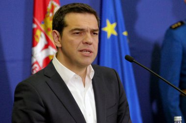 Belgrad, Sırbistan. 31 Ocak - Yunanistan Başbakanı Alexis Tsipras ve Sırp Başbakanı Aleksandar Vuciç tutan ortak bir basın toplantısı