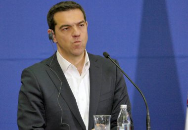 Belgrad, Sırbistan. 31 Ocak - Yunanistan Başbakanı Alexis Tsipras ve Sırp Başbakanı Aleksandar Vuciç tutan ortak bir basın toplantısı