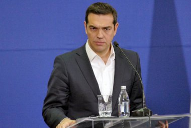 Belgrad, Sırbistan. 31 Ocak - Yunanistan Başbakanı Alexis Tsipras ve Sırp Başbakanı Aleksandar Vuciç tutan ortak bir basın toplantısı
