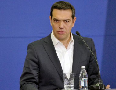 Belgrad, Sırbistan. 31 Ocak - Yunanistan Başbakanı Alexis Tsipras ve Sırp Başbakanı Aleksandar Vuciç tutan ortak bir basın toplantısı