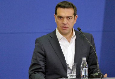Belgrad, Sırbistan. 31 Ocak - Yunanistan Başbakanı Alexis Tsipras ve Sırp Başbakanı Aleksandar Vuciç tutan ortak bir basın toplantısı