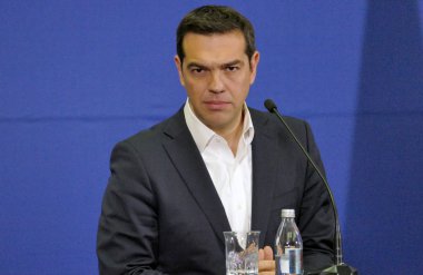 Belgrad, Sırbistan. 31 Ocak - Yunanistan Başbakanı Alexis Tsipras ve Sırp Başbakanı Aleksandar Vuciç tutan ortak bir basın toplantısı