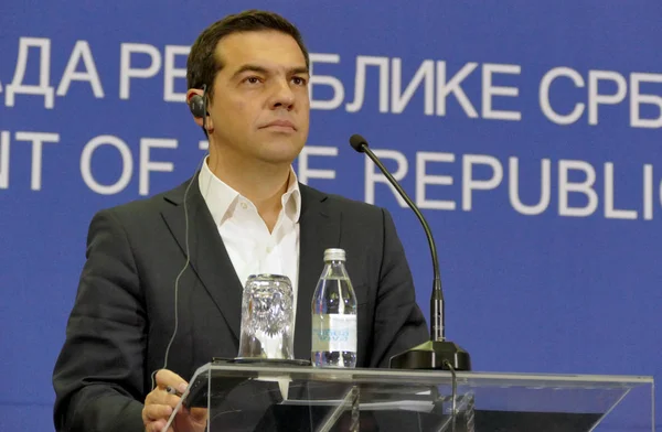 Belgrad, Serbia. 31 stycznia - Grecja premier Alexis Tsipras i serbski Premier Aleksandar Vucić posiada wspólną konferencję prasową — Zdjęcie stockowe