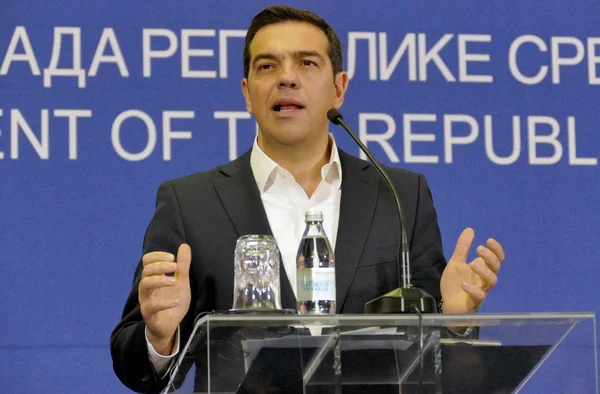 Belgrad, Serbia. 31 stycznia - Grecja premier Alexis Tsipras i serbski Premier Aleksandar Vucić posiada wspólną konferencję prasową — Zdjęcie stockowe
