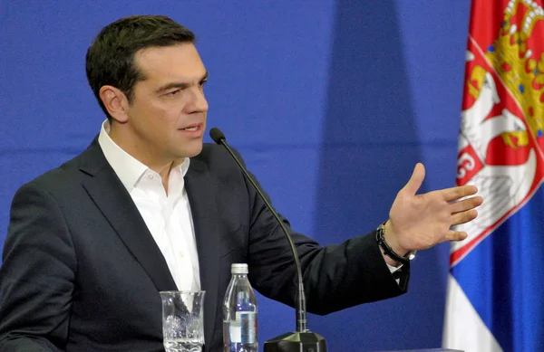 Belgrad, Serbia. 31 stycznia - Grecja premier Alexis Tsipras i serbski Premier Aleksandar Vucić posiada wspólną konferencję prasową — Zdjęcie stockowe