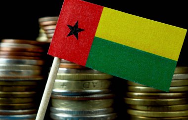 Gine Bissau bayrak para sikke makro yığınıyla sallayarak