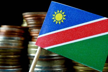 Namibya bayrak para sikke makro yığınıyla sallayarak
