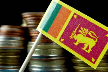 Sri Lanka bayrak para sikke makro yığınıyla sallayarak