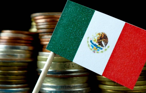 Флаг Мексики, размахивающий пачкой монет — стоковое фото