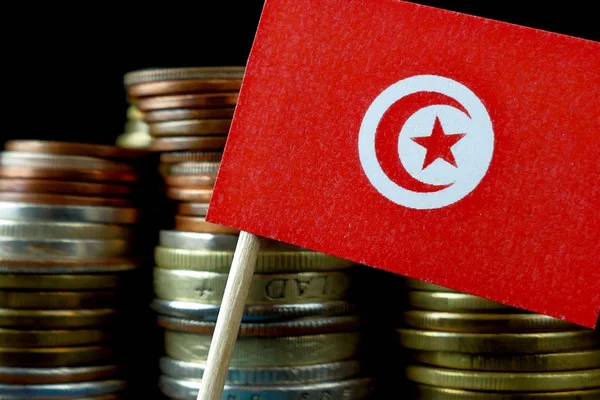 Tunisia flag waving with stack of money coins macro — Stock Photo, Image