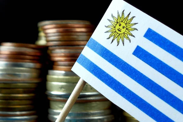Drapeau de l'Uruguay agitant avec pile de pièces d'argent macro — Photo