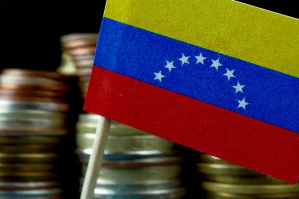 Venezuela bayrak para sikke makro yığınıyla sallayarak