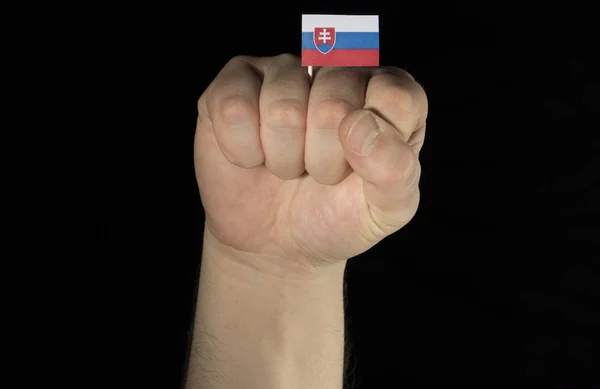 Poing main homme avec drapeau slovaque isolé sur fond noir — Photo