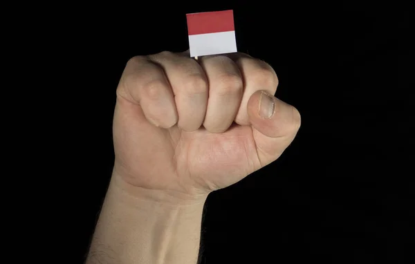 Tinju tangan pria dengan bendera Monaco terisolasi di latar belakang hitam — Stok Foto