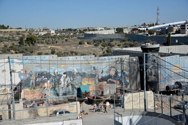 Bethlehem, Palestine. January 6th 2017 - Aida Refugee Camp In Palestine, Aerial view of the camp and wall