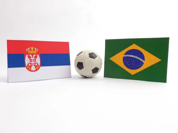 Serbian Braziliaanse Vlag Met Voetbal Bal Isloated Witte Achtergrond Stockfoto