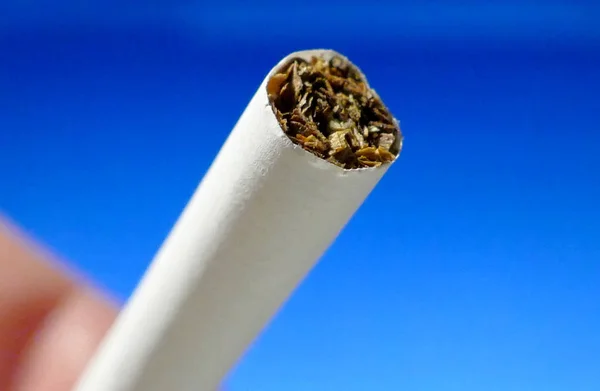 Um cigarro na mão macro tiro no fundo isolado — Fotografia de Stock