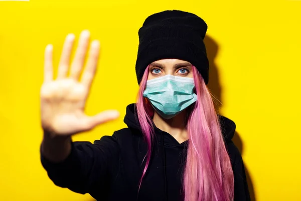 Studio Portrait Young Girl Pink Hair Blue Eyes Wearing Medical — Stock Photo, Image