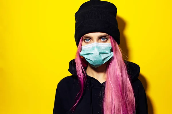 Studio Portrait Young Girl Pink Hair Blue Eyes Wearing Medical — Stock Photo, Image