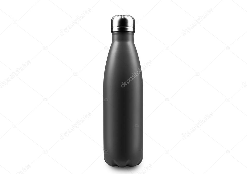 Close-up of black reusable steel metal thermo water bottle, isolated on white background.	