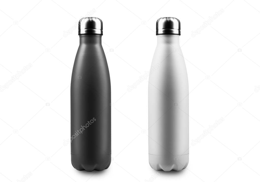 Close-up of two, white and black, reusable steel metal thermo water bottles, isolated on white background.	