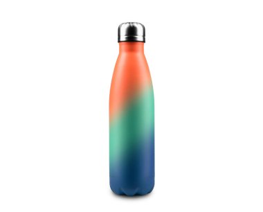 Yeniden kullanılabilir, beyaz arka planda izole edilmiş çelik termo eko su şişesinin yakın çekimi. Lush Lav Rengi, Aqua Menthe ve Phantom Blue.