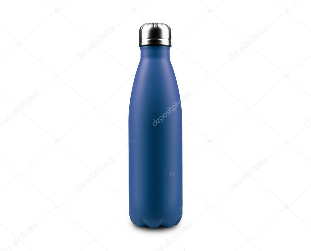 Close-up of reusable, steel thermo eco bottle for water, isolated on white background, color of Phantom Blue.