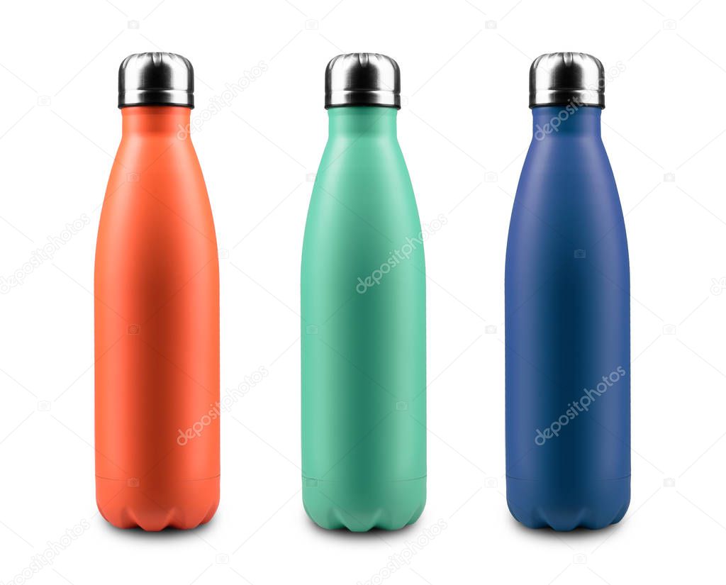 Lush Lava, Aqua Menthe, Phantom Blue; Colors of 2020. Close-up of reusable, eco thermo steel bottles for any liquid. Isolated on white background.