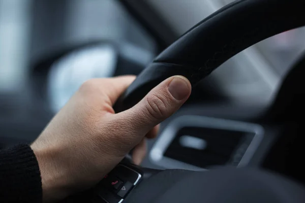 Close Male Hand Presses Button Phone Steering Wheel Car — Stock Photo, Image