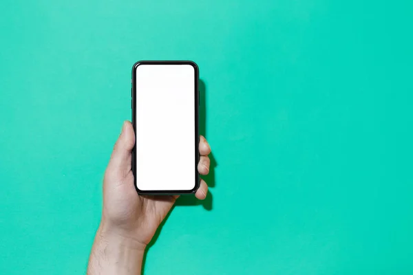Gros Plan Smartphone Main Mâle Avec Maquette Isolée Sur Fond — Photo