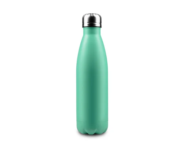 Närbild Återanvändbar Stål Termo Eco Flaska För Vatten Isolerad Vit — Stockfoto