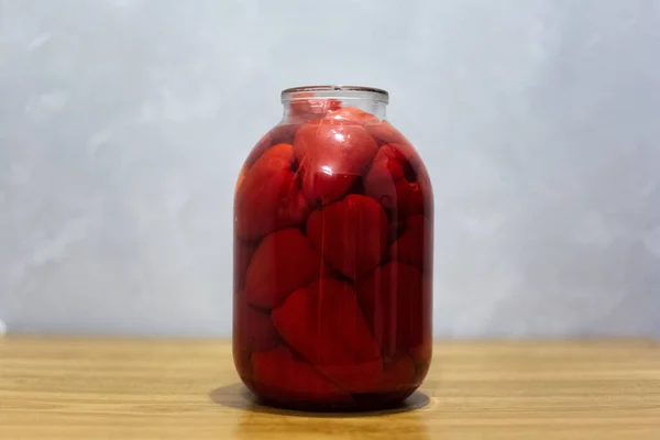 Gros Plan Pot Verre Avec Gros Poivrons Rouges Paprika — Photo