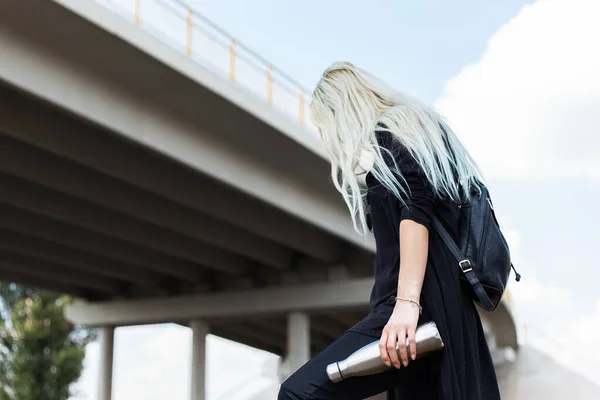 Portrait Young Blonde Girl Dressed Black Backpack Holding Steel Thermo — Stock Photo, Image