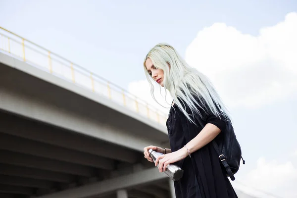 Portrait Young Blonde Girl Dressed Black Backpack Holding Steel Thermo — Stock Photo, Image