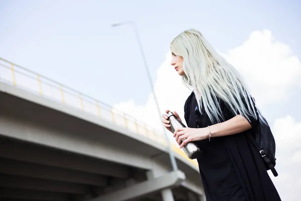 Portrait Young Blonde Girl Dressed Black Backpack Holding Steel Thermo — Stock Photo, Image