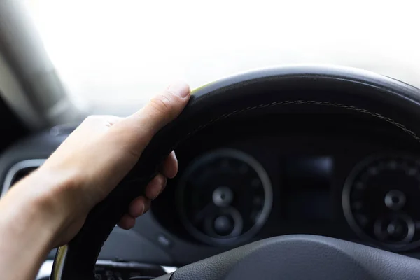 Close Male Hand Steering Wheel Background White — Stock Photo, Image