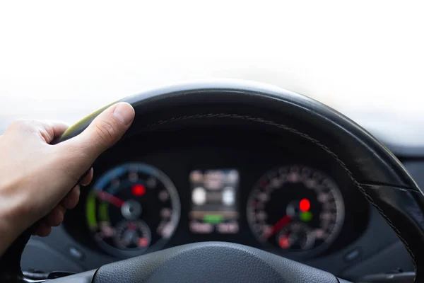 Close Male Hand Pushes Cruise Control Button — Stock Photo, Image