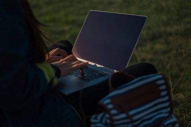 Gün batımında dizüstü bilgisayarda daktilo kullanan kadınların yakın çekimi..