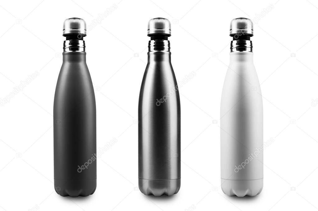 Black, white and silver, stainless thermo bottles with mockup and half open cap, for water or another liquid. Steel bottle, no plastic. Isolated on white background.