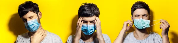 Collage Portraits Young Man Wearing Medical Flu Mask Yellow Background — Stock Photo, Image