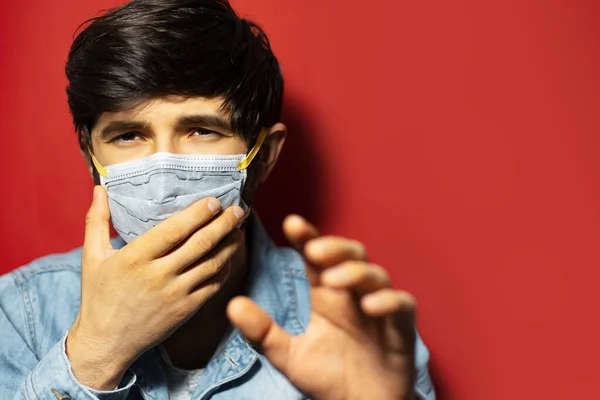 Studio Portrait Young Guy Denim Jacket Cover Mouth Hand Wearing — Stock Photo, Image