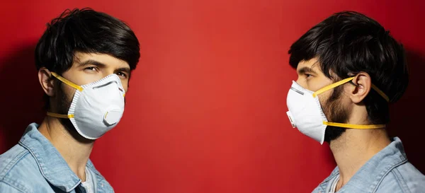 Collage Porträtt Ung Man Denim Jacka Bär Medicinsk Influensa Mask — Stockfoto